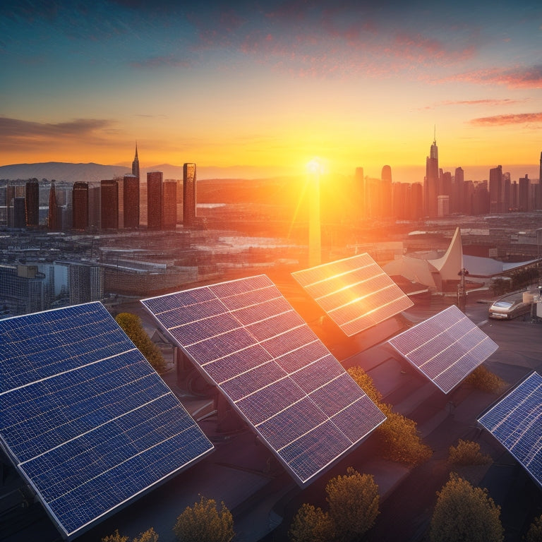 A vivid illustration of a cityscape at sunset, with a grid of 9 solar panels in the foreground, each with a unique design, size, and energy output visualized through varying intensities of bright, pulsing lights.