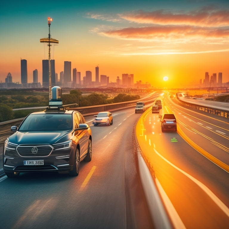 An illustration of an electric vehicle driving on a highway with a smartphone mounted on the dashboard, displaying a GPS map with real-time traffic updates, amidst a blurred cityscape at sunset.