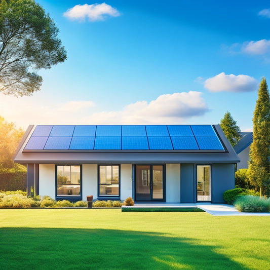 A serene suburban home with a moderately pitched roof, partially covered in sleek black solar panels, set against a bright blue sky with a few wispy white clouds.