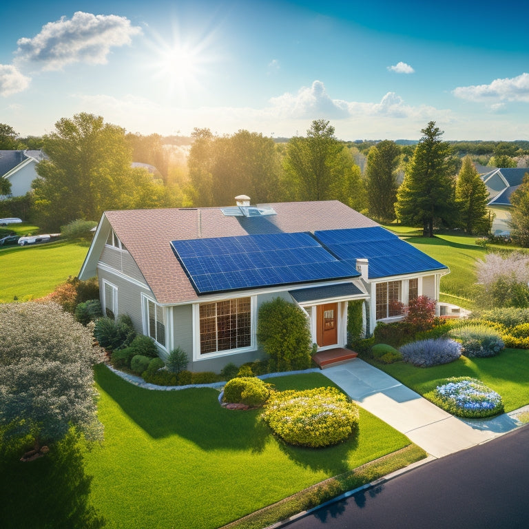 A serene suburban neighborhood with a single-family home featuring a installed solar panel system on the roof, surrounded by lush greenery and a bright blue sky with few white clouds.