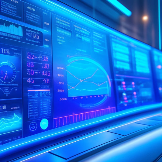 A futuristic dashboard with glowing blue lines and nodes, featuring a large, circular performance meter with moving needles, surrounded by various smartphone screens displaying analytics graphs and charts.