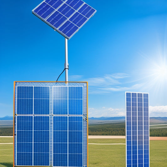 A detailed illustration of a solar panel system, showcasing photovoltaic cells, an inverter, mounting racks, wiring, and a charge controller, set against a bright blue sky with a subtle grid pattern.