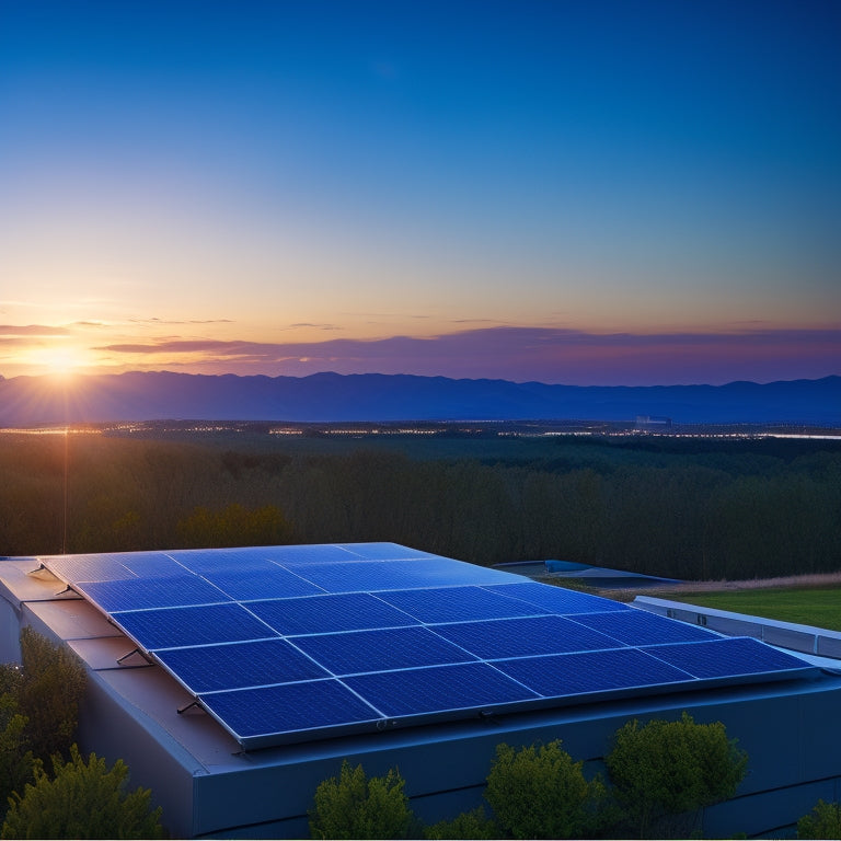 A serene landscape with a modern, sleek, and silver solar panel array installed on a rooftop, connected to a tidy, compact battery storage system with glowing blue LED lights.