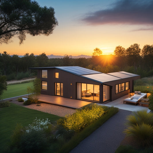 A serene landscape with a modern, eco-friendly home surrounded by lush greenery, featuring a sleek off-grid solar system on the rooftop and a battery storage unit in the backyard, with a subtle sunset glow.