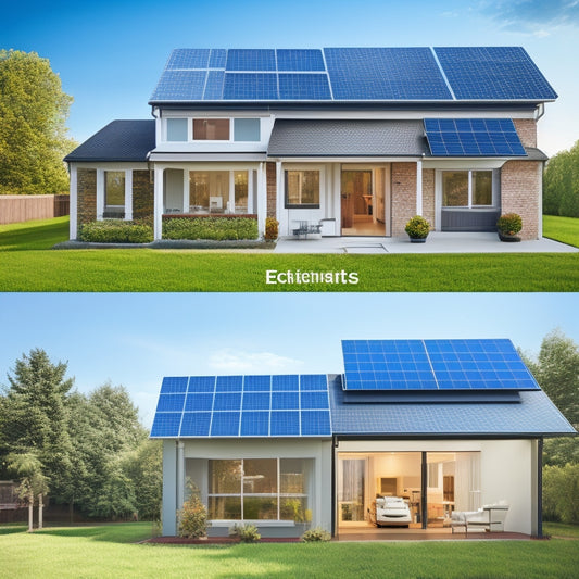 A split-screen image: a suburban home with solar panels on the roof on one side, and a comparison chart with various battery systems and their prices on a transparent background on the other.