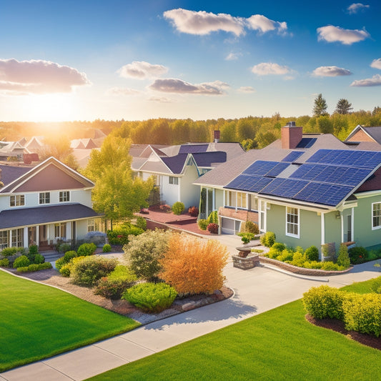 A serene suburban neighborhood with a mix of traditional and modern homes, each with a varying number of sleek, black solar panels installed on rooftops, amidst a bright blue sky with fluffy white clouds.