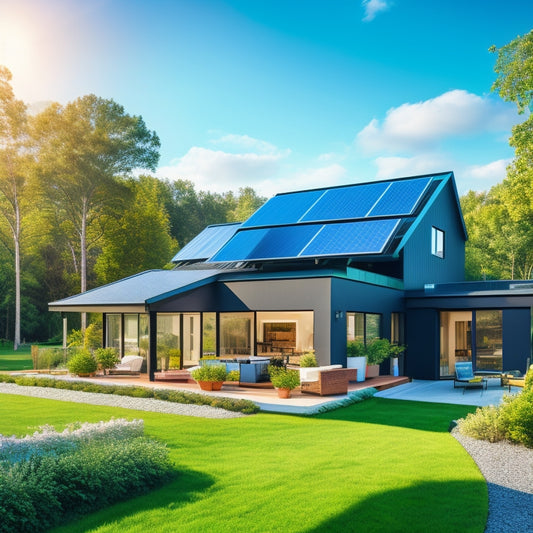 A modern, eco-friendly suburban house with a sloping roof covered in sleek, black solar panels, surrounded by lush greenery and a bright blue sky with a few fluffy white clouds.