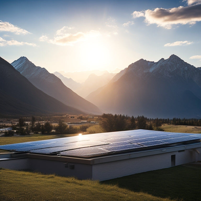 A serene landscape with a few solar panels installed on a rooftop, amidst a backdrop of mountains and a clear blue sky, with a subtle hint of a cityscape in the distance.