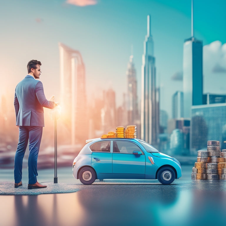 An illustration of a person standing in front of a minimalist cityscape, holding a small electric vehicle (EV) model, with coins and piggy banks surrounding them, amidst a subtle background of descending arrows and decreasing graphs.