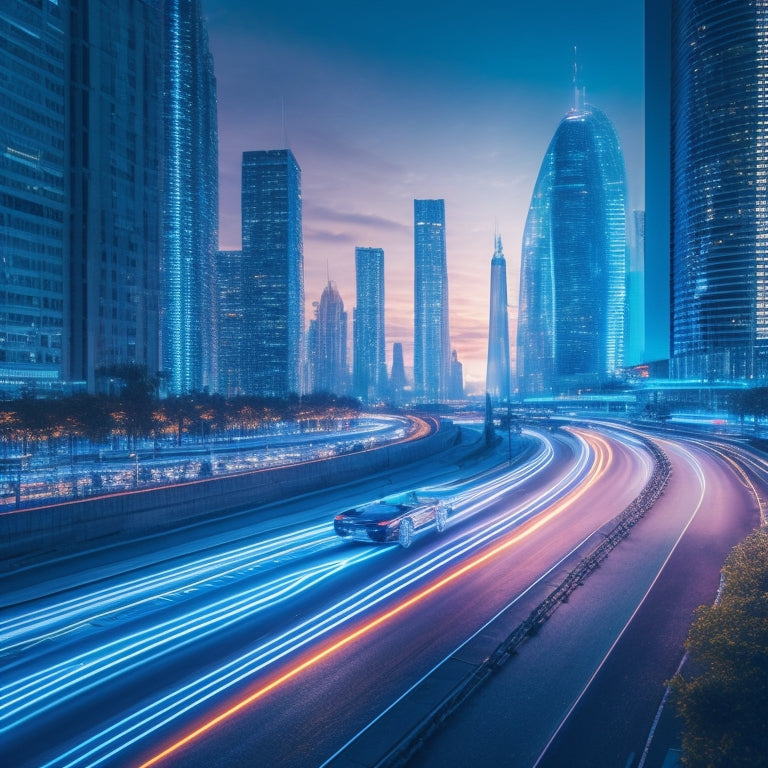 A futuristic cityscape at dusk with sleek, silver autonomous vehicles gliding through intersections, surrounded by neon-lit skyscrapers, pedestrians, and cyclists, with glowing blue lines tracing their routes.