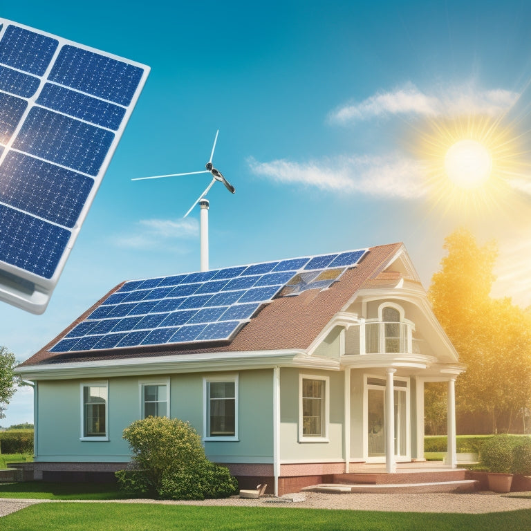 A split-screen illustration featuring a sunny sky with solar panels on the left and a checklist with icons of a house, money, and a graph on the right, surrounded by subtle circuit board patterns.