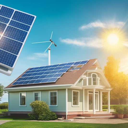 A split-screen illustration featuring a sunny sky with solar panels on the left and a checklist with icons of a house, money, and a graph on the right, surrounded by subtle circuit board patterns.