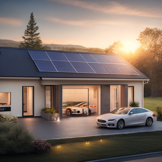 A modern, sleek home with solar panels on the roof, a battery bank in the garage, and a subtle grid of circuitry in the background, illuminated by soft, warm sunlight filtering through the windows.