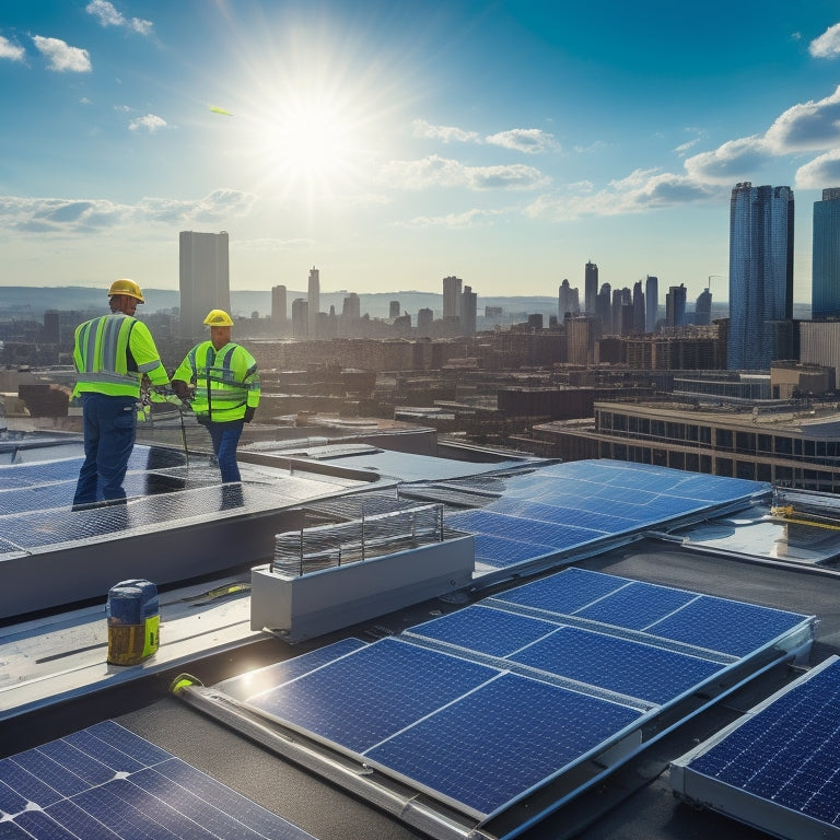 A commercial building's rooftop with a partially installed solar panel array, surrounded by tools and equipment, with a cityscape in the background and a few workers in high-visibility vests and hard hats.