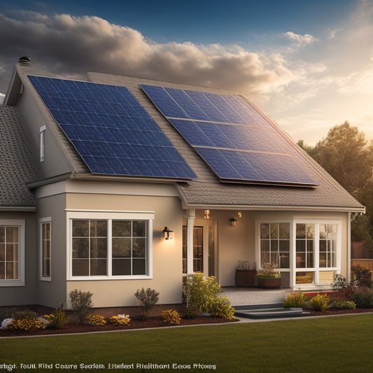 An illustration of a residential solar panel installation with a prominent certification badge or logo prominently displayed, surrounded by subtle hints of a home's exterior, such as roof tiles and a window.