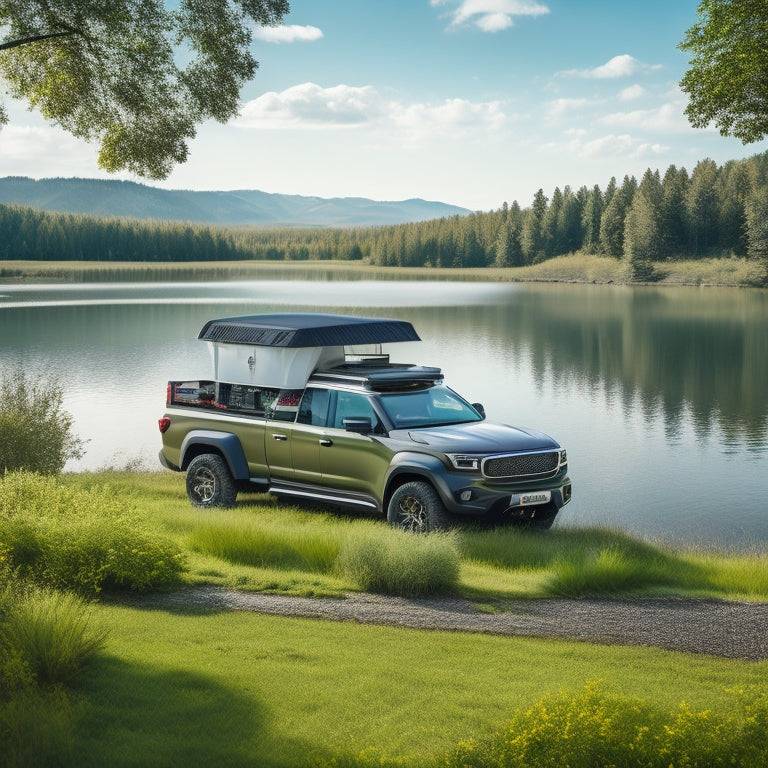 A serene, sunny landscape with a 4x4 vehicle parked beside a tranquil lake, surrounded by lush greenery, with a solar panel, battery, and inverter installed on the vehicle's rooftop.