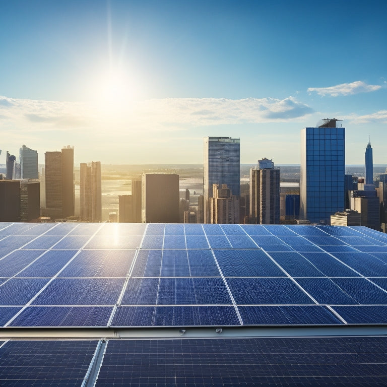 An illustration of a commercial building rooftop with multiple solar panels installed, surrounded by city skyscrapers and a bright blue sky with a few white, puffy clouds.