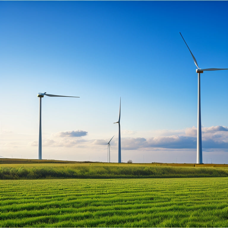 A serene landscape with a row of sleek, black solar panels on the left, and a majestic wind turbine rotating gently on the right, set against a bright blue sky with a few wispy clouds.