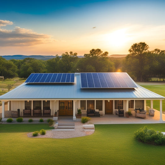 A photograph of a Texas-style ranch house with a mix of 5-7 different solar panel designs and brands installed on the roof, showcasing various sizes, shapes, and mounting systems.