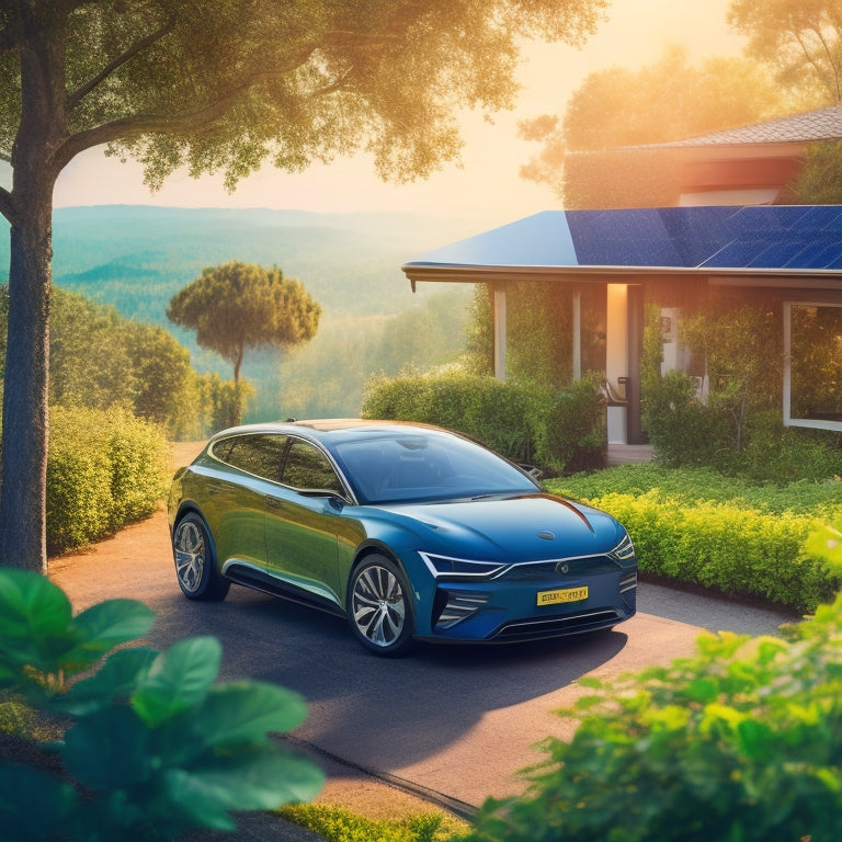 An illustration of a sleek, eco-friendly car with solar panels on the roof, surrounded by lush greenery and vines, with a subtle cityscape in the background, showcasing a harmonious blend of nature and technology.