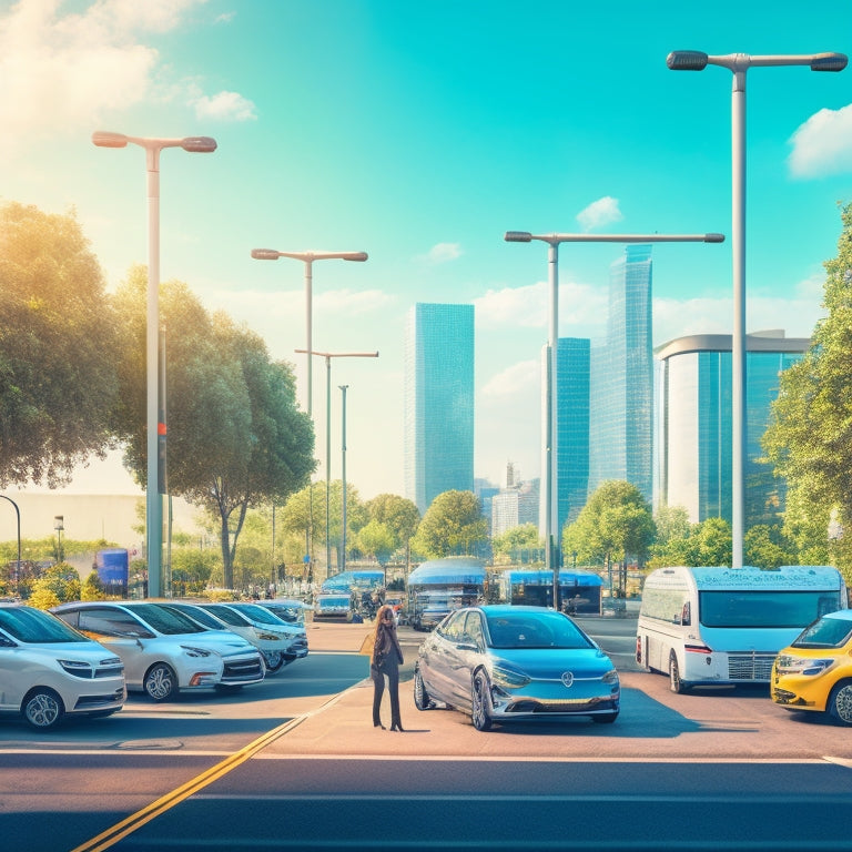 An illustration of a bustling cityscape with multiple electric vehicles charging at various stations, each with distinct designs, surrounded by greenery, with sleek, modern architecture in the background.