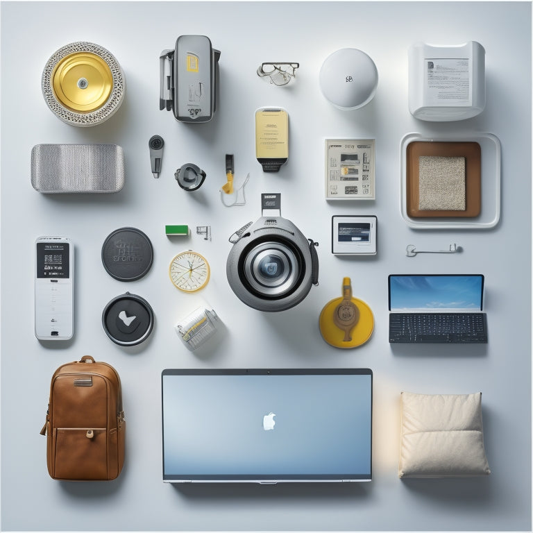 A clutter-free white background with a central arrangement of a laptop, a car battery, and a charger, surrounded by smaller icons of a clock, a shopping cart, and a shield, in a neat, organized manner.