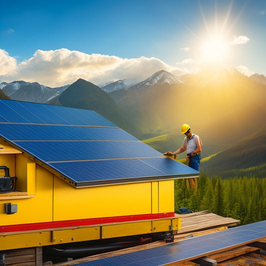 A person in a yellow hard hat and tool belt standing on the roof of a tiny home, installing a solar panel array with a scenic mountain range in the background.