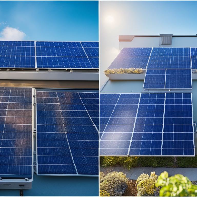 A split-screen image featuring a well-maintained solar panel array on a residential rooftop, with clean panels and secure mounting, alongside a neglected array with dirty panels and loose connections.