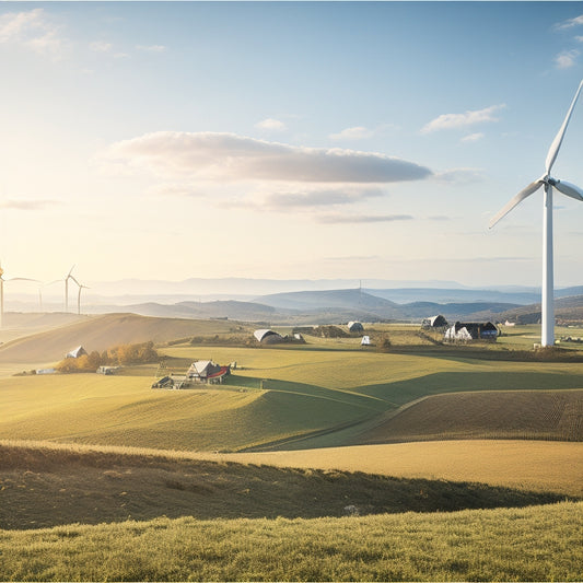 A serene landscape depicting a mix of modern wind turbines and traditional windmills amidst rolling hills, with a few buildings and houses in the distance, under a bright blue sky with fluffy white clouds.