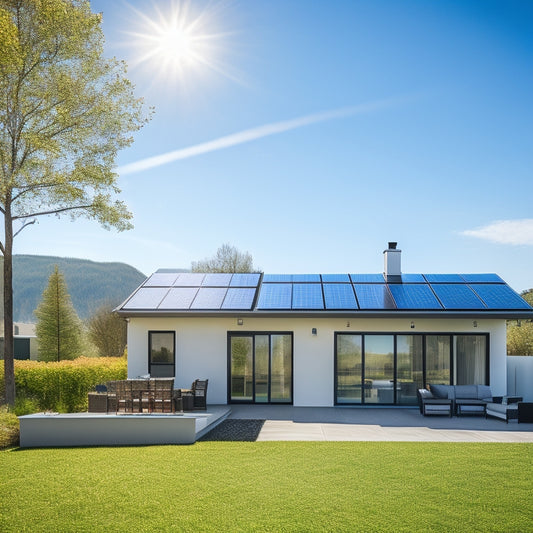 A sunny day with a modern, eco-friendly home in the background, featuring a rooftop covered in sleek, black solar panels, with a few fluffy white clouds and a bright blue sky.