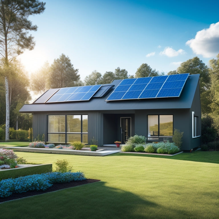 A serene suburban home with sleek, black solar panels on the roof, surrounded by lush greenery, under a bright blue sky with a few white, puffy clouds, conveying eco-friendliness and modernity.