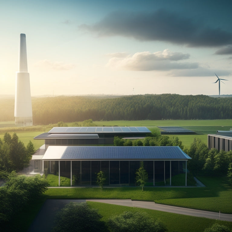 A serene landscape with a modern office building in the background, surrounded by lush greenery, featuring a rooftop covered in sleek, black solar panels, with a few wind turbines spinning in the distance.