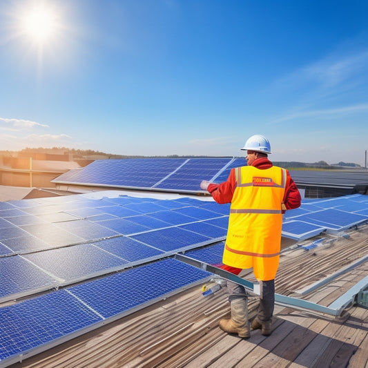 An illustration of a person in a hard hat and vest, standing on a rooftop with a partially installed solar panel array, looking at a tablet with a blueprint, surrounded by tools and equipment.