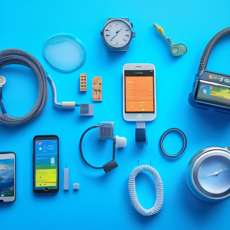 An illustration of a stethoscope surrounded by miniature icons of electronic devices (smartwatch, tablet, smartphone) connected by subtle network lines, set against a calming blue background.