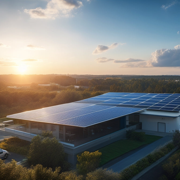 A serene, sun-lit backdrop with a commercial building in the distance, featuring a rooftop covered in sleek, dark blue solar panels, surrounded by lush greenery and a few fluffy white clouds.