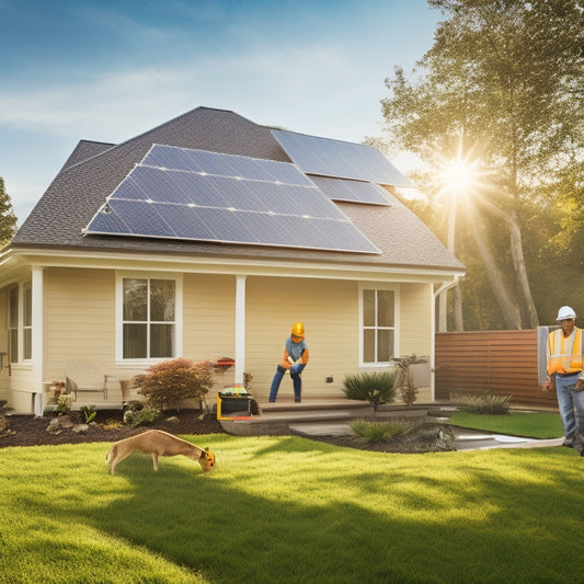 A serene, modern suburban home with a bright, sunny yard, featuring a certified installer in a yellow hard hat and orange vest, kneeling beside a newly installed solar panel.