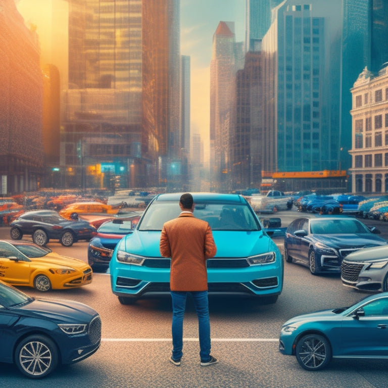 An illustration of a person standing in front of a cityscape, surrounded by diverse cars, with puzzle pieces fitting together to form a car key, conveying the idea of flexibility and affordability.