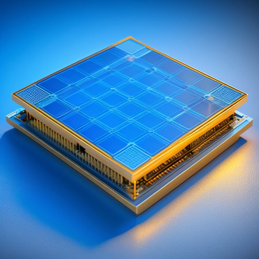 A highly detailed illustration of a solar cell's internal structure, showcasing thin-film layers, nanoscale textures, and metallic contacts, set against a warm, gradient blue background with subtle circuitry patterns.