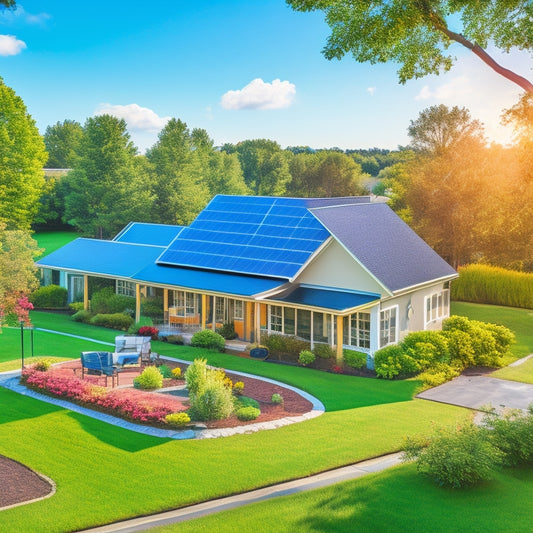 A serene suburban neighborhood with a single-story house featuring a sleek, black solar panel array on its roof, surrounded by lush green trees and a bright blue sky with a few puffy white clouds.