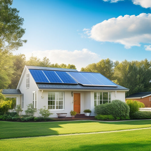 A serene suburban home with solar panels installed on the roof, surrounded by lush green trees, with a bright blue sky and fluffy white clouds, and a subtle electricity meter in the foreground.