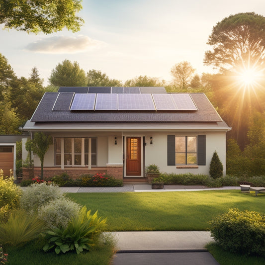 A serene suburban home with solar panels on the roof, surrounded by lush greenery, with a subtle sun shining down, conveying a sense of eco-friendliness and affordability.