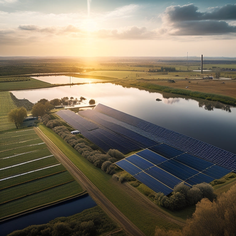 A serene landscape with a sprawling solar farm in the distance, juxtaposed with a polluted industrial site in the foreground, showcasing contrasting environmental impacts.