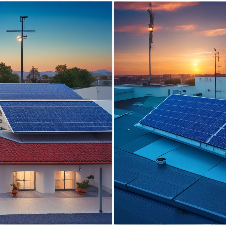 A split-screen image featuring a rooftop with solar panels on one side and a conventional electricity meter on the other, with contrasting bright and dim lighting, and varying meter speeds.