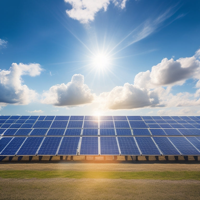 A symmetrical composition featuring 5-7 high-efficiency solar panels with varying angles and sizes, set against a bright blue sky with fluffy white clouds and a subtle sunburst effect.