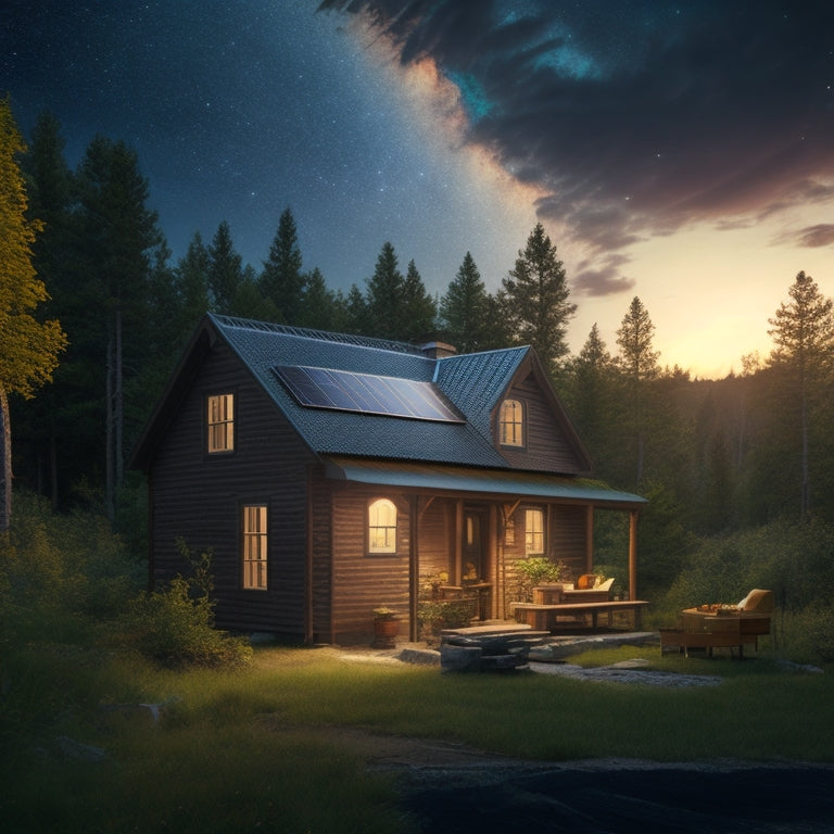 Illustrate a serene off-grid cabin surrounded by lush greenery, with a solar panel array on the roof, a battery bank on the porch, and a monitoring system on the wall, amidst a starry night sky.