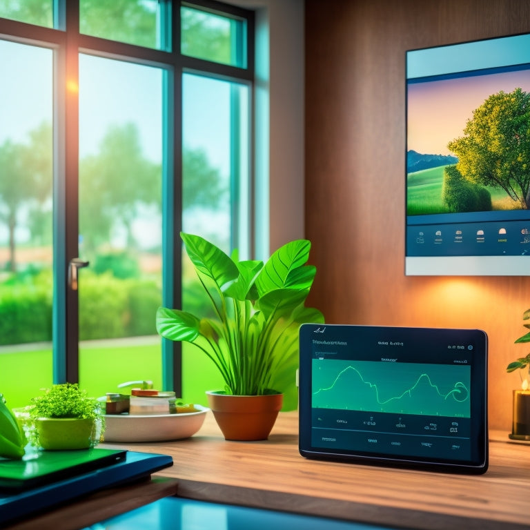 A modern, sleek home with a tablet displaying a dashboard of energy usage graphs and charts, surrounded by smart devices and appliances, with a subtle background of a growing money plant.