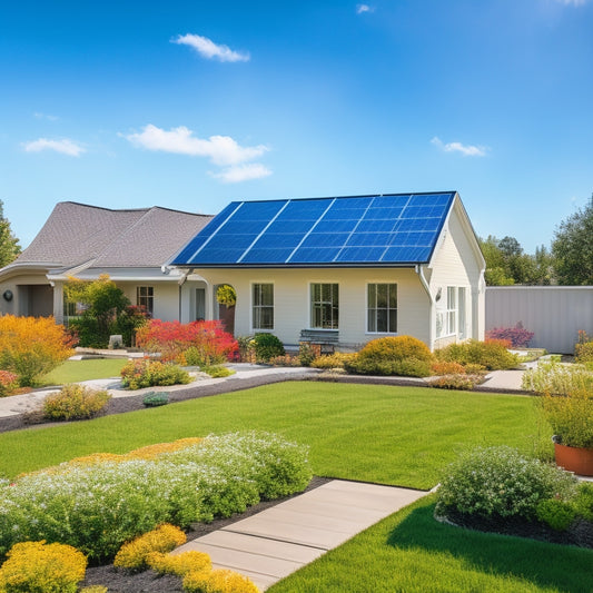 A serene backyard with a modern one-story house, solar panels installed on the roof, and a sleek battery unit placed beside a blooming garden, under a sunny blue sky with fluffy white clouds.