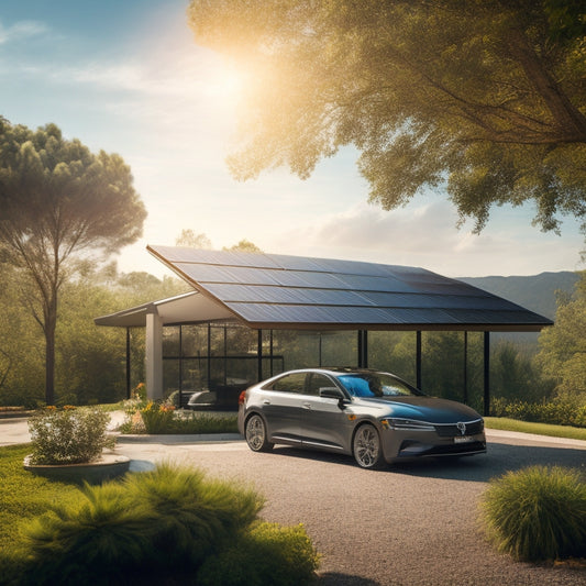 A serene outdoor setting with a parked car, its roof and hood covered with sleek, black solar panels, connected to a battery pack and inverter, surrounded by lush greenery and a bright blue sky.