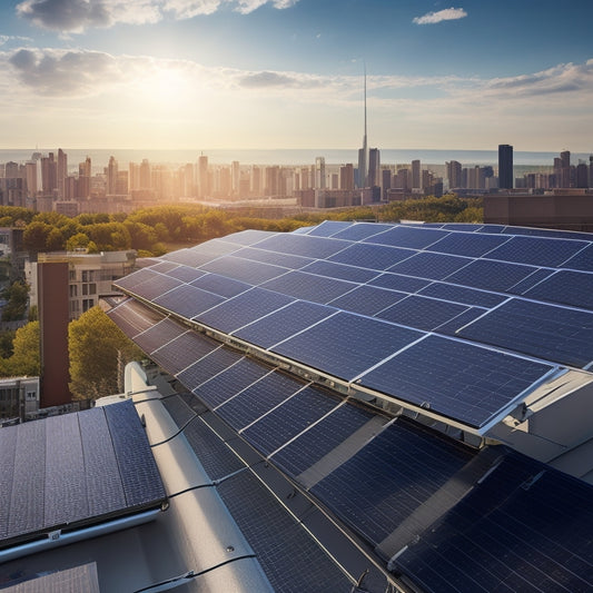 Illustrate a sunny rooftop with a row of sleek, black solar panels installed at an angle, surrounded by neatly arranged wires and a small inverter, with a subtle cityscape in the background.