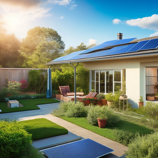 A serene backyard scene featuring a rooftop with sparkling clean solar panels, a hose, and a soft-bristled brush lying nearby, surrounded by lush greenery and a bright blue sky.